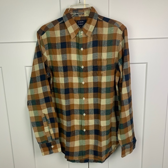 NWT J Crew Factory Men SMALL Buffalo Check Flannel Shirt Brown Navy Long Sleeve - Picture 4 of 7